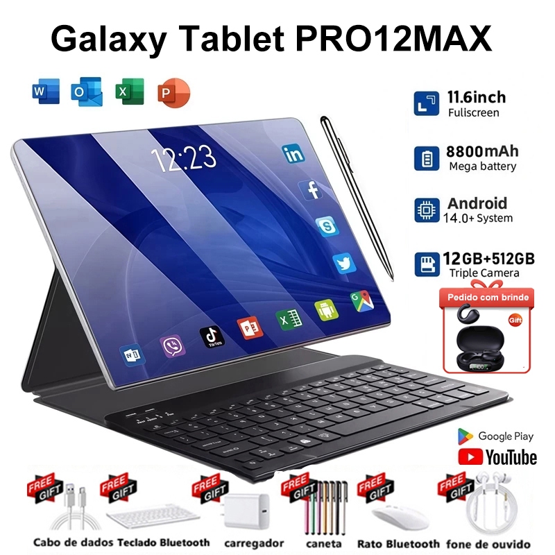 Galaxy Tablet Pc Pro12Max 12gb 512gb 11,6 Polegadas Tablet Android Tela Grande Wifi 5g Dual Sim Dual Standby Tablet