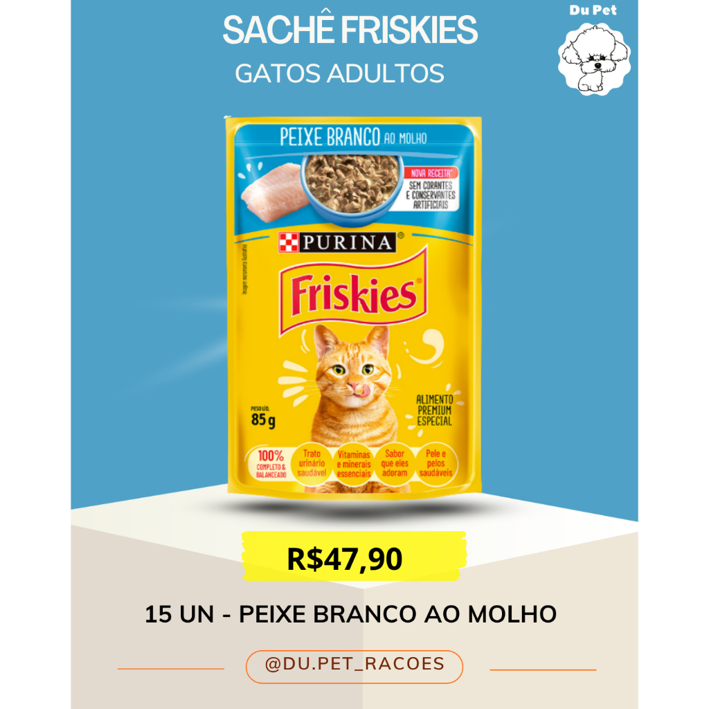 Kit ( Caixa ) 15 Unidades Sachês Friskies - Gatos Adultos - Peixe Branco ao Molho - Ração Úmida