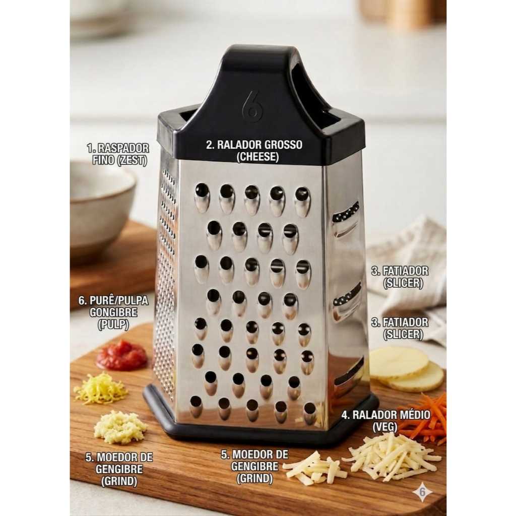 Ralador De Legumes Queijo Inox 6 Faces Multiuso Cortador Fatiador Profissional De Cozinha