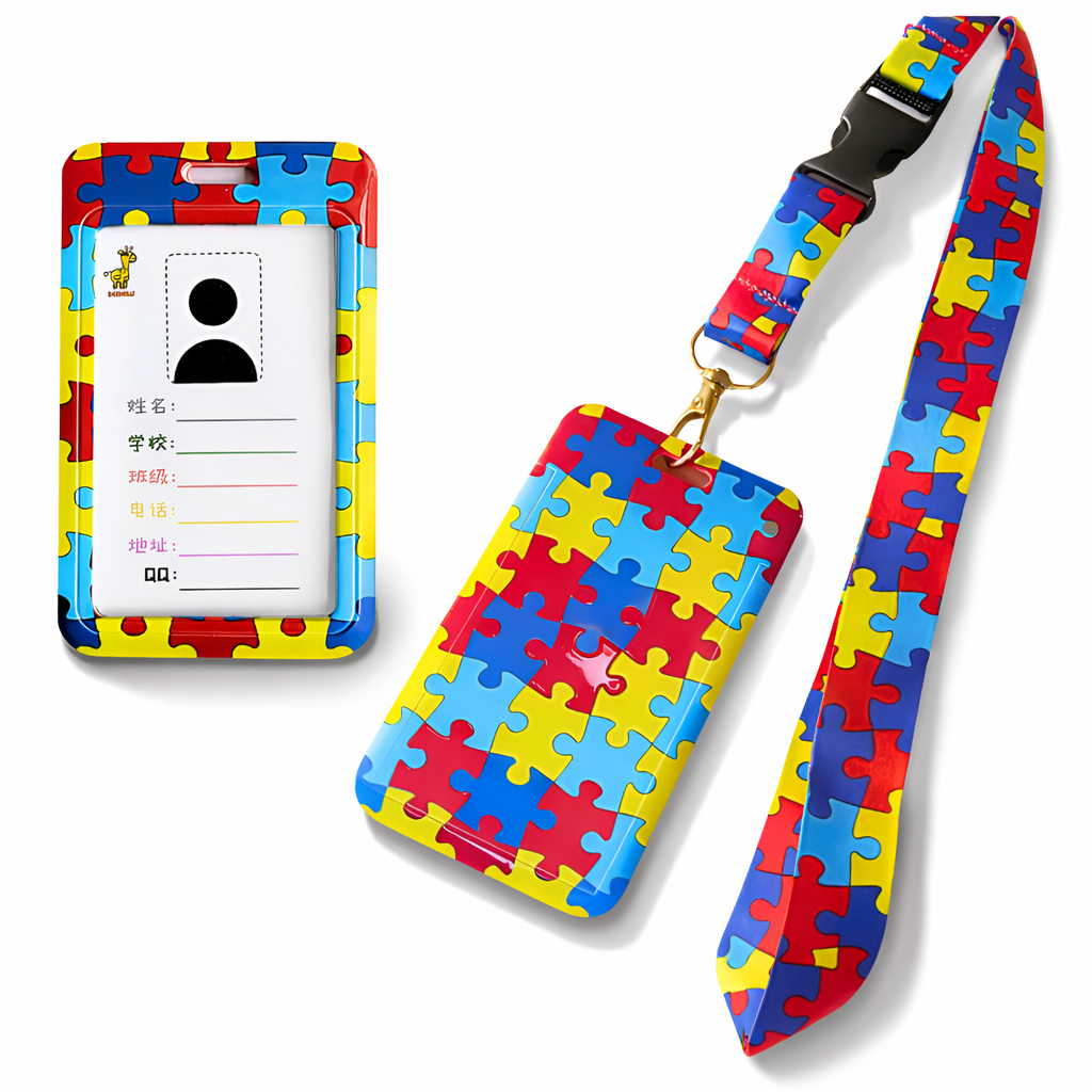 Conjunto Cordão c/ Porta Crachá Duro Estampado Identificação Autismo Quebra Cabeça TEA PCD