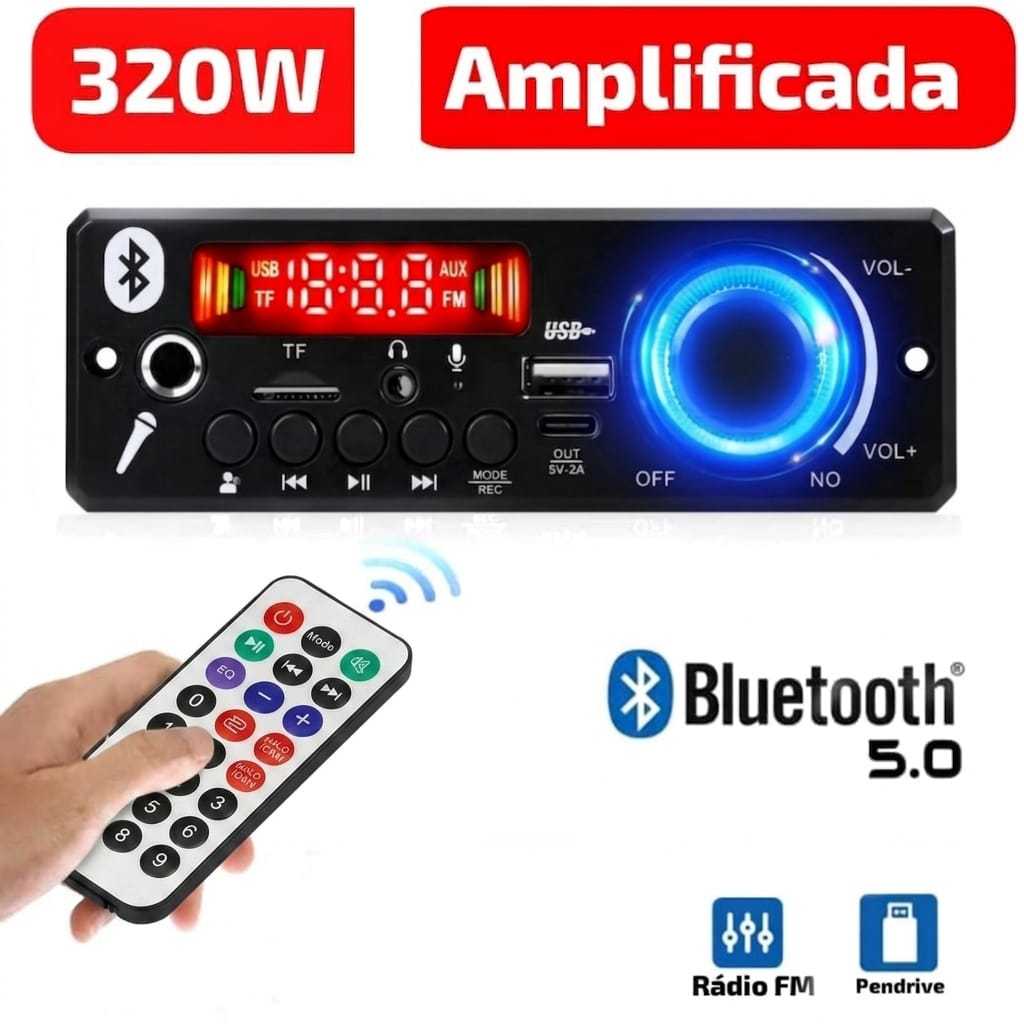 Placa Amplificada Bluetooth 5.0 Super Potente 320W Amplificador MP3 USB TF Rádio FM Microfone  Player Automotivo  Carro