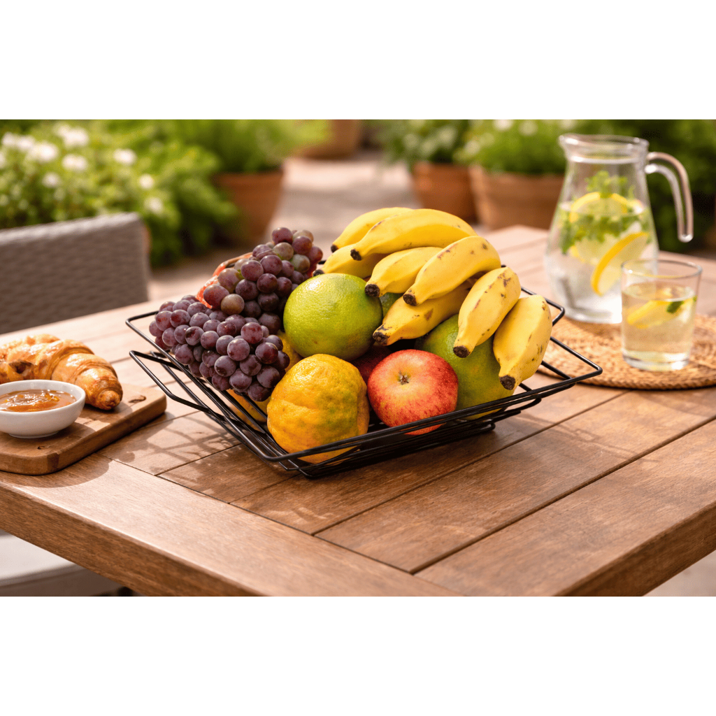 Fruteira de Mesa Quadrada Aço Inox Dourada 30x30cm Altura 7cm Centro de Mesa Decoração