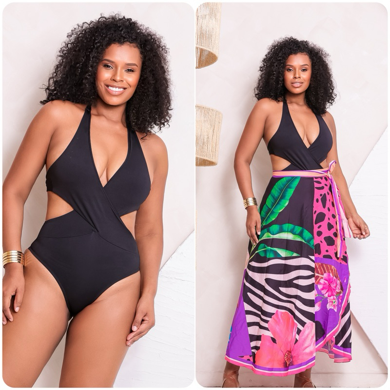 Kit Body Maiô Feminino Saída de praia saia Pareô Canga Praia Feminina Conjunto Praia 2 Peças Engana Mamãe Preto Branco