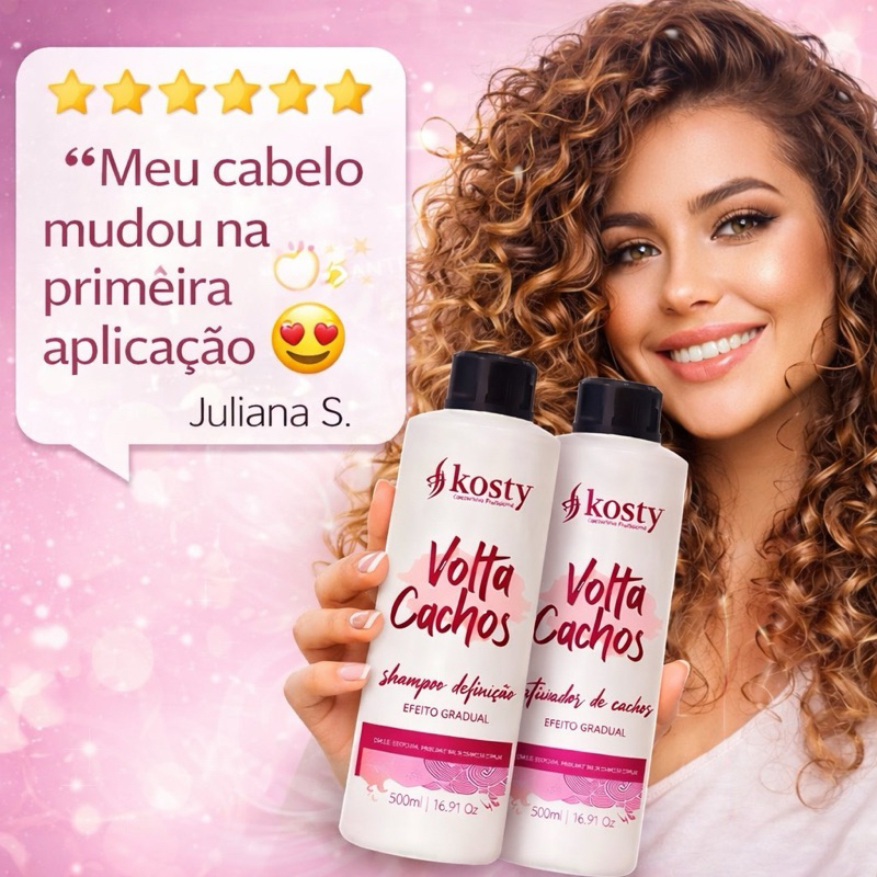 Kit Volta Cachos Kosty Shampoo + Ativador 500ml sem química , Definição Profissional Sem Frizz + Efeito Gradual