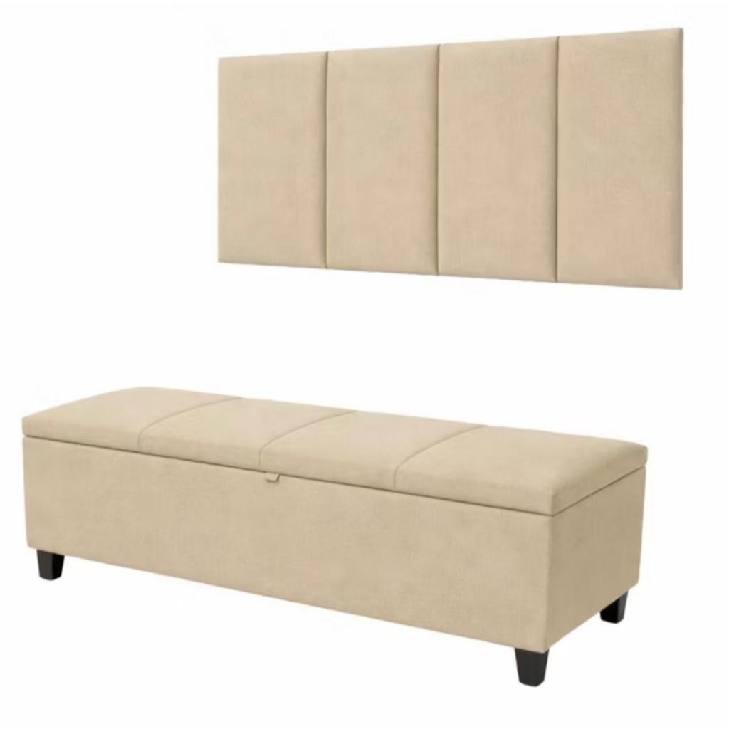 Kit Recamier Baú e Cabeceira 120cm Estofada Puff Baú Organizador Banco para Pé Cama Quarto Moderno