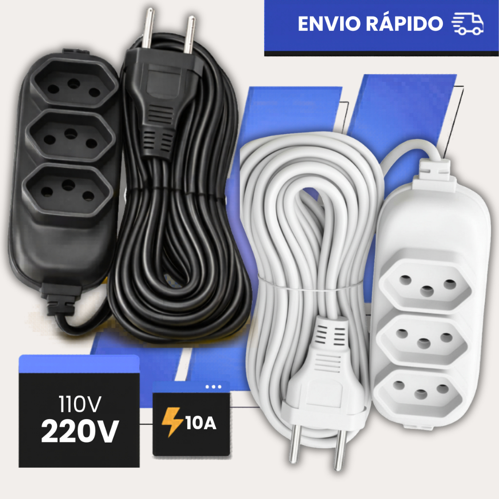 Extensão Elétrica 3 Tomadas 10A Bivolt 2m / 3m / 5m / 10m Resistente Alta Qualidade