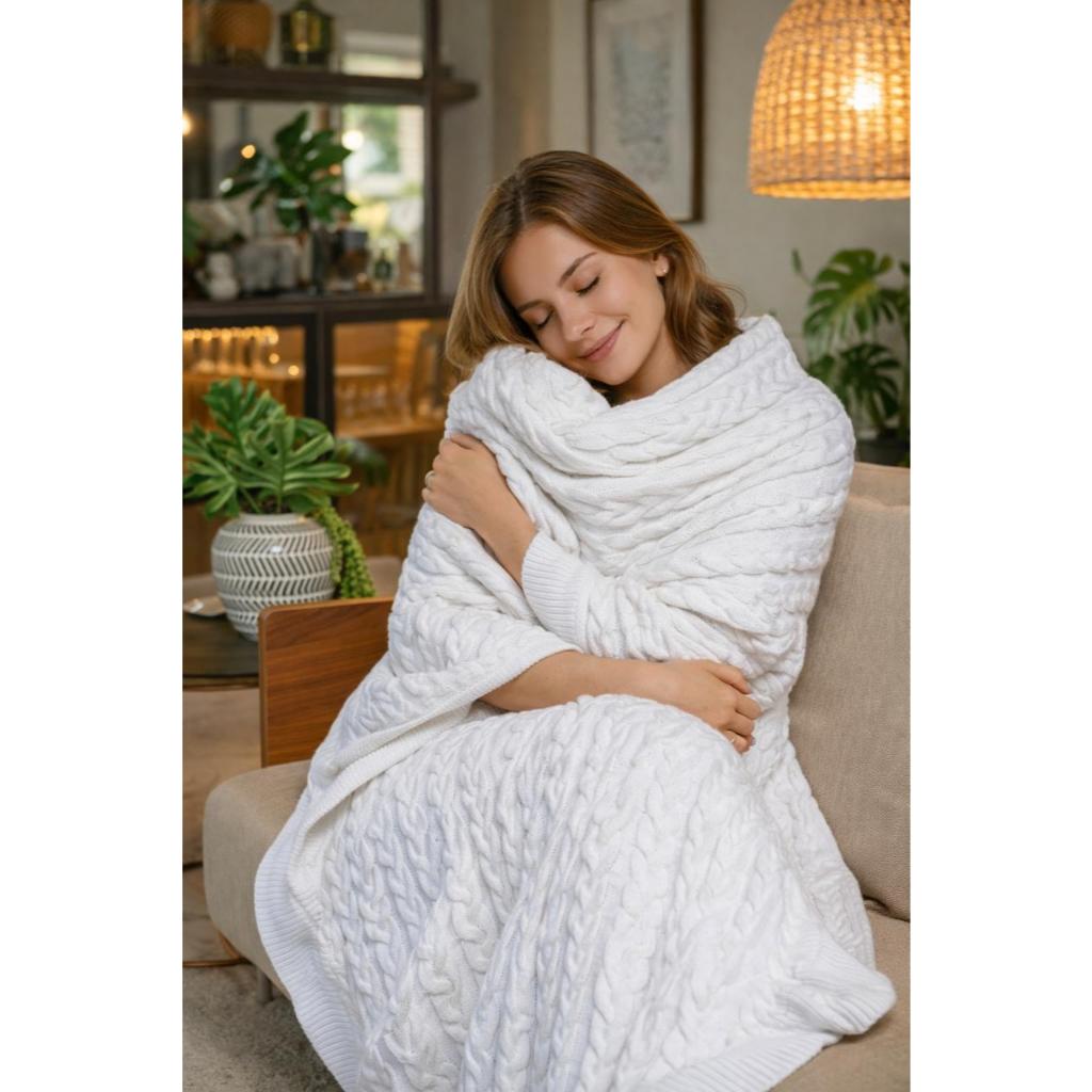 Manta Trança Sofá Poltrona Sala Tricot Conforto Aconchego Decoração Xale Quentinha