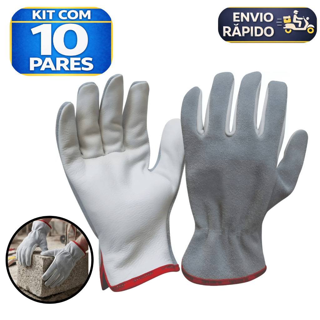 Kit 10 Luva Raspa Vaqueta Mista Petroleira Punho Curto Epi Proteção Segurança Industrial Construção