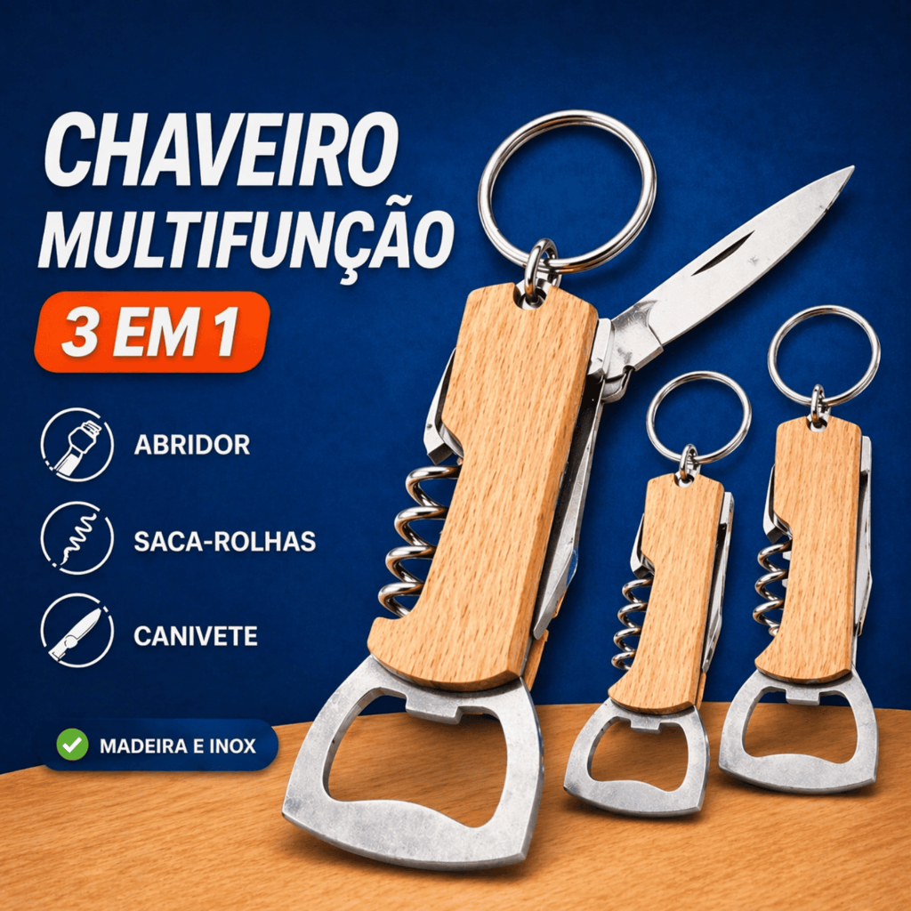 Chaveiro Multifunção 3 em 1 Abridor Saca-Rolhas Canivete Madeira e Inox