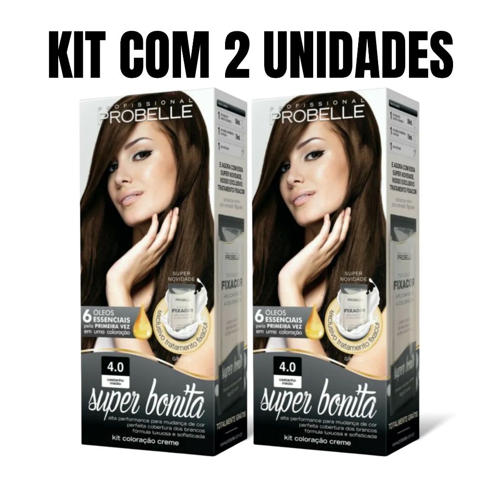Kit 2 Colorações Super Bonita Probelle 4.0 Preto Castanho Médio - 50g Tinta Cabelo