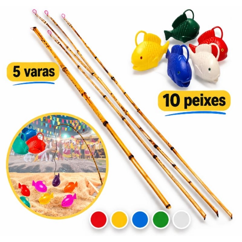 kit 5 varas de bambu  +10 peixe para pescaria de festa junina arraiá