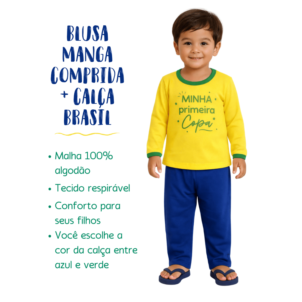 Conjunto pijama Brasil manga longa para bebê de 3 meses à 5 anos confortável para meninas e meninos