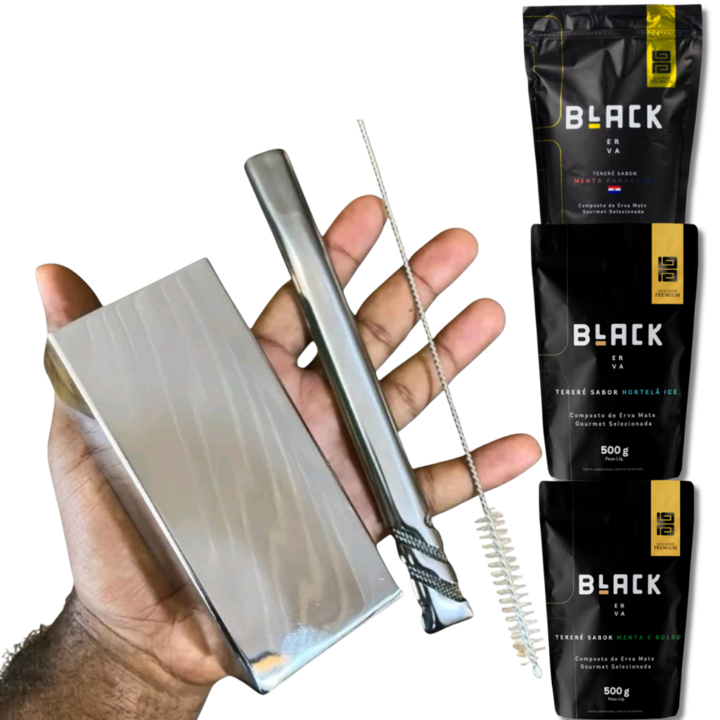 Kit Terere INOX Copo Quadrado Inox + Bomba V6 Inox + Erva Mate Black 500g + Escovinha BRINDE
