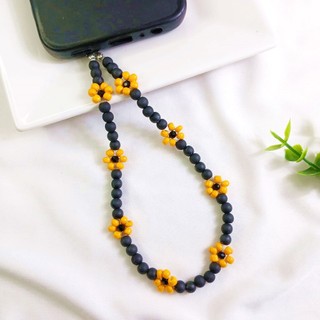 Cordão de Celular Preto Girassol Amarelo - Cordinha Acessório de Celular - Phonestrap Flores Amarelas
