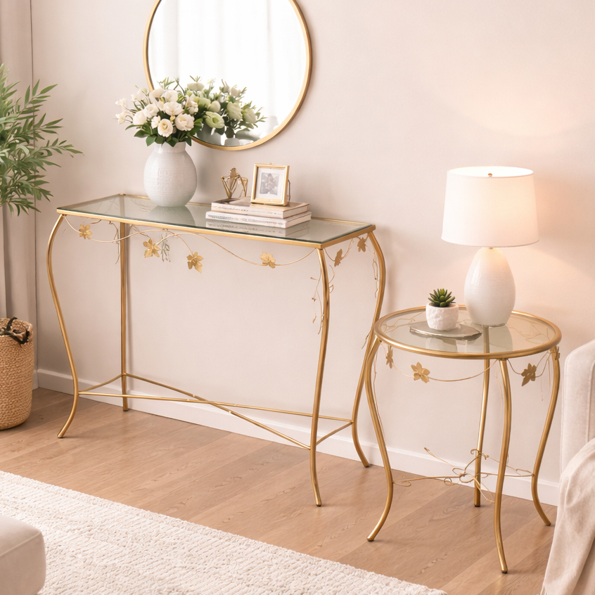 Kit Aparador Retangular 60cm com Vidro + Mesa Lateral Redondo 40cm de Diametro em Ferro Dourado com Tampo de Vidro Decor