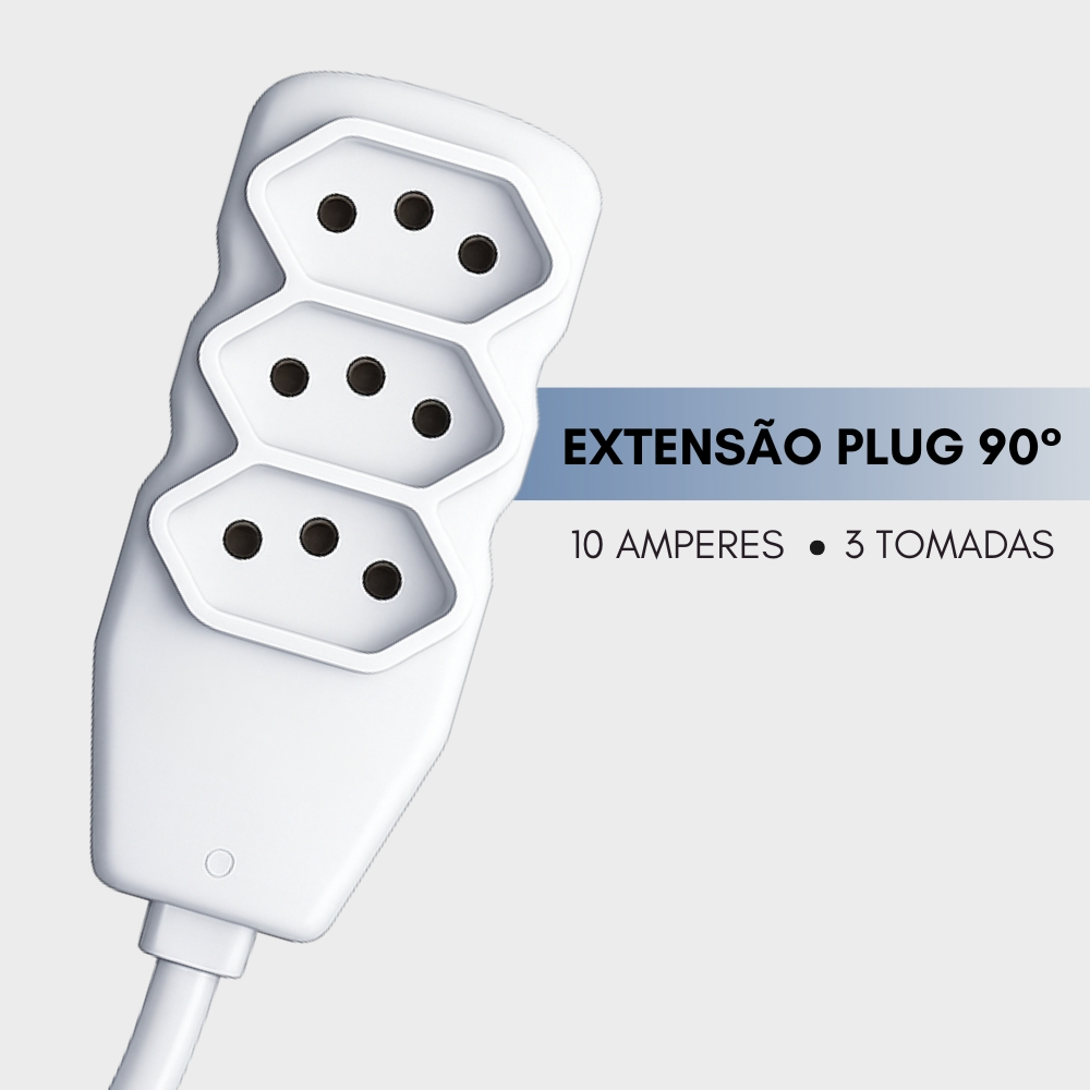 Extensão Slim Plug 90 Graus 3 Tomadas Tripolar 10A Bivolt 1 metro Branco Force Line