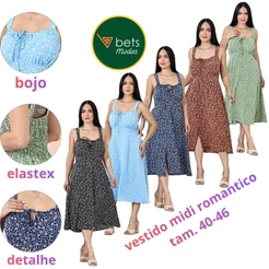 Vestido Midi Romântico em Crepinho 💕✨ – Leve, Confortável e Elegante, detalhes- Bojo – Tamanho Único (Veste 40 ao 46)