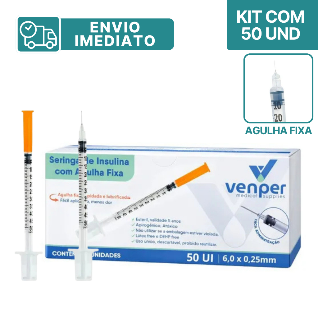 Kit com 50 - Seringa de Insulina Botox 0,5ml 6x0,25 50UI com Agulha Fixa - Envio Imediato