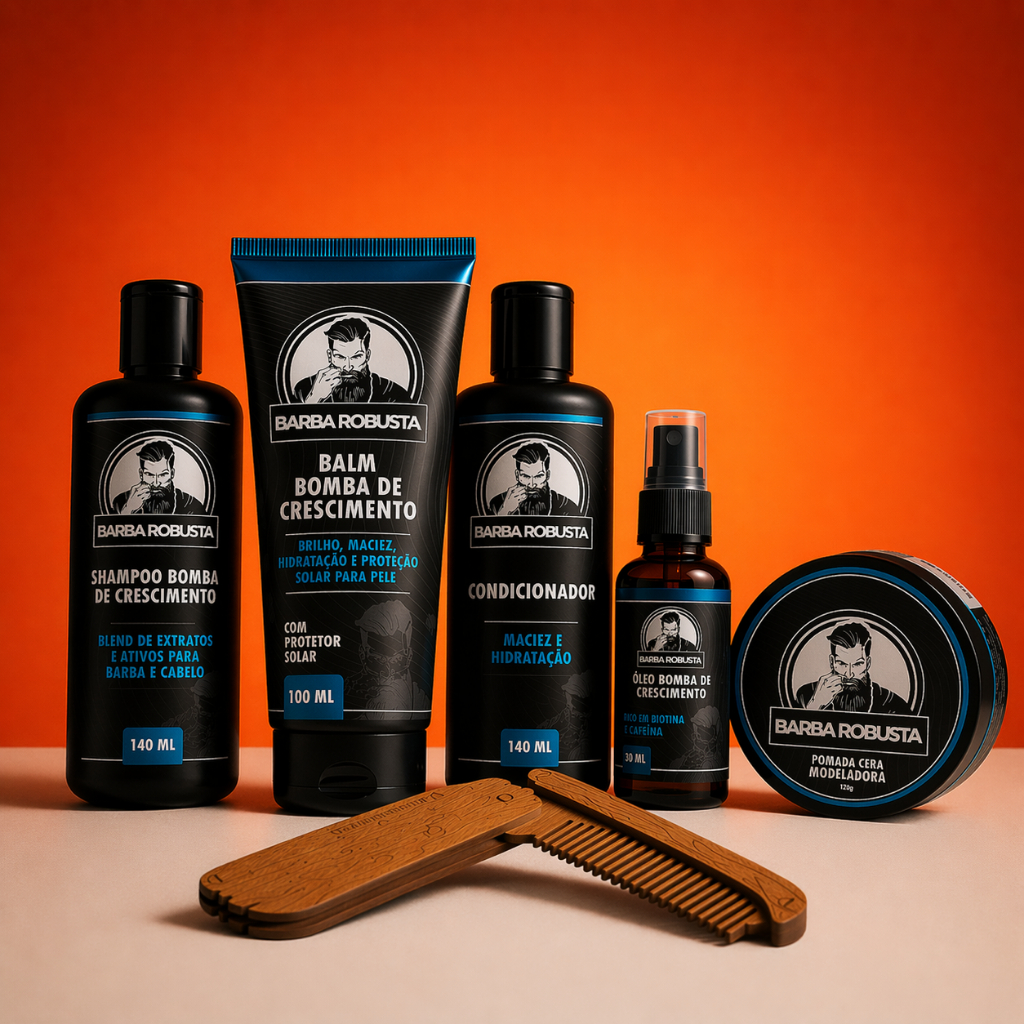 kit Barba Robusta Shampoo, Condicionador, Balm, Óleo, Cera, Pente
