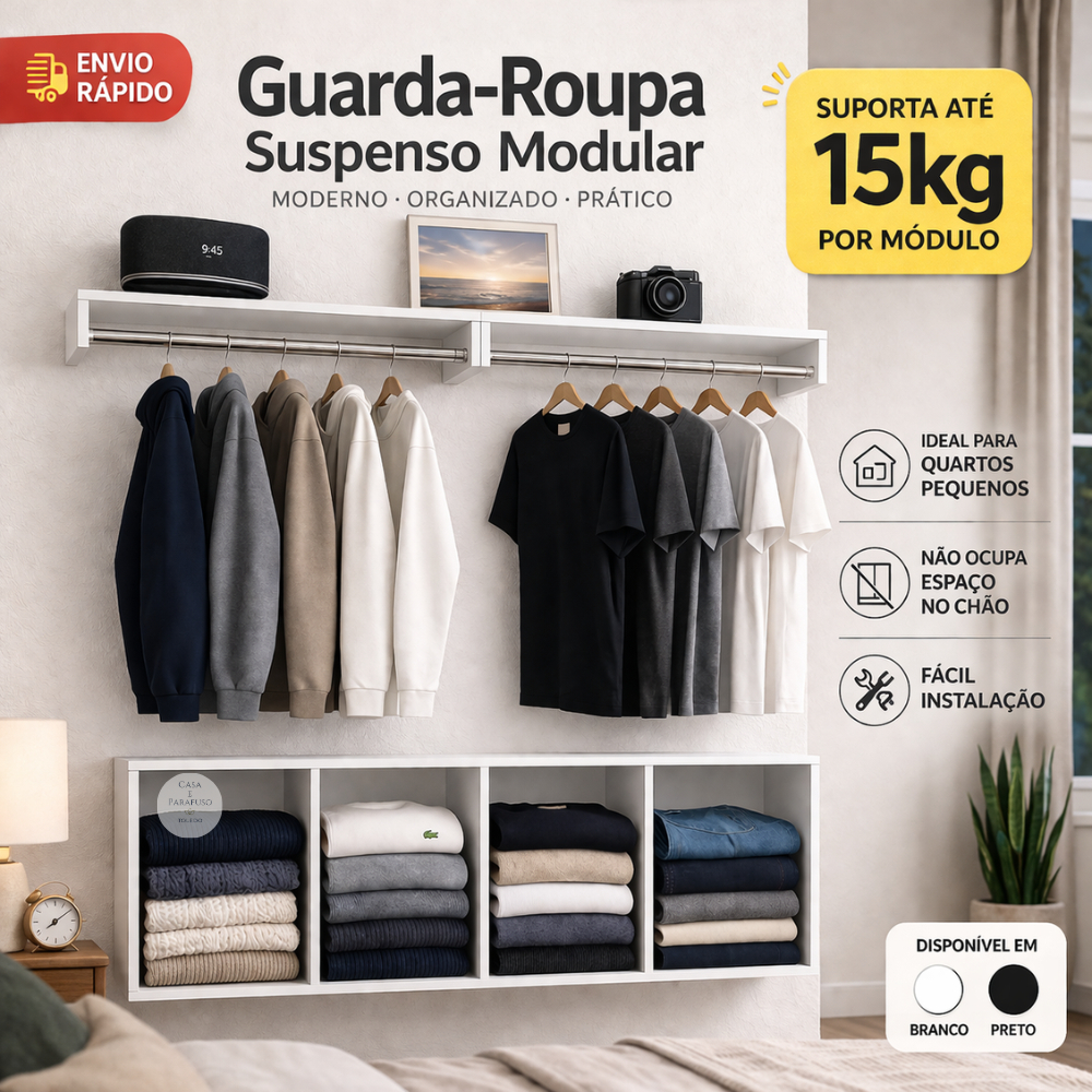 Cabideiro Suspenso Arara de Parede Closet Aberto 100 cm