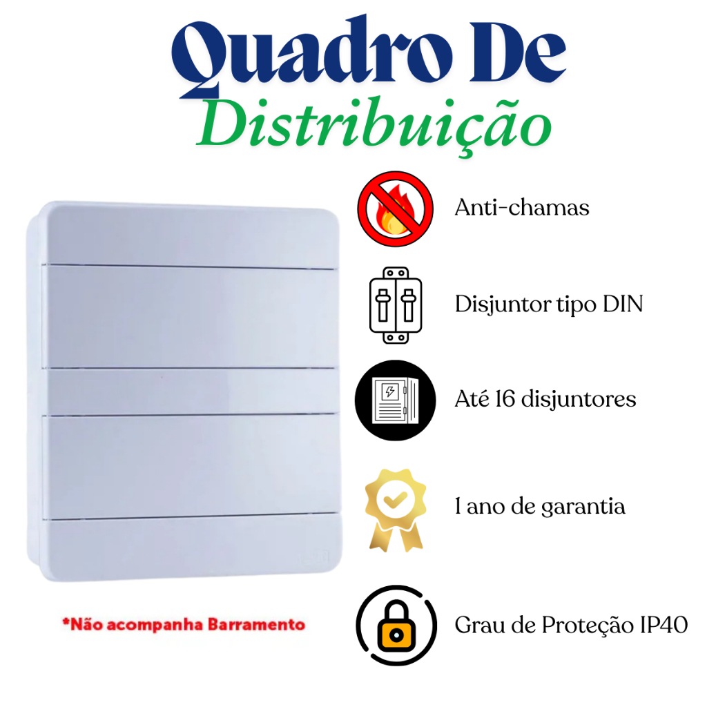 Quadro de Distribuição 24 Disjuntores Embutir com Barramento Caixa de Luz Elétrica Residencial