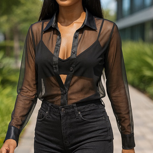 camisa Tule Transparente Elegante con Botones – Manga Larga Crop Top