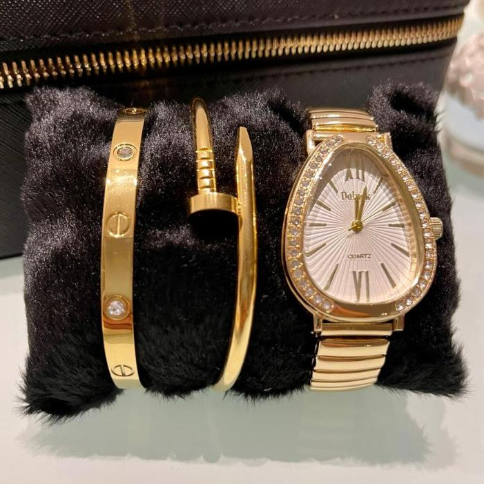 Kit Relogio Feminino Oval Cobra + Pulseira E Bracelete Conjunto Elegante|Aço Inoxidável Conforto Luxo