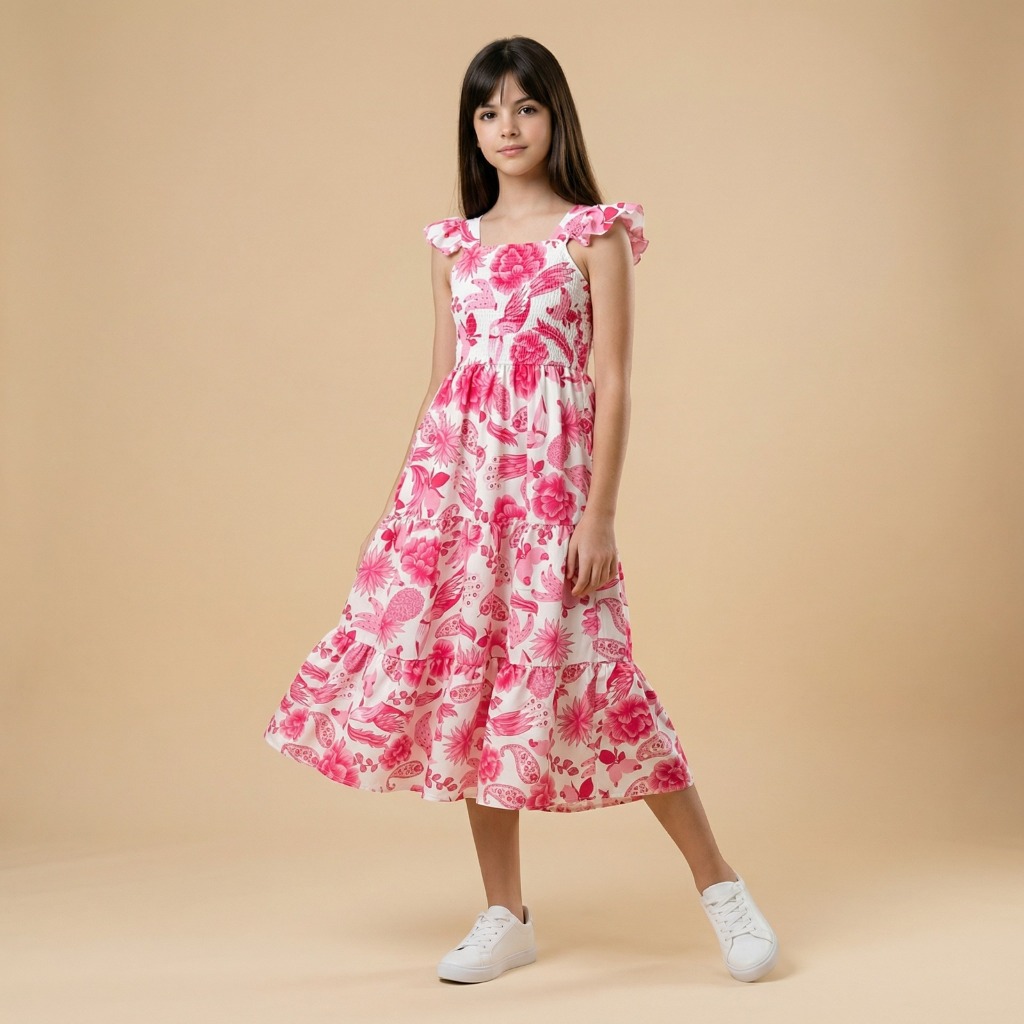 Vestido Longo Juvenil Farm Feminino Moda Menina Casual Boho Elegante Floral Verão Tendência Estampad