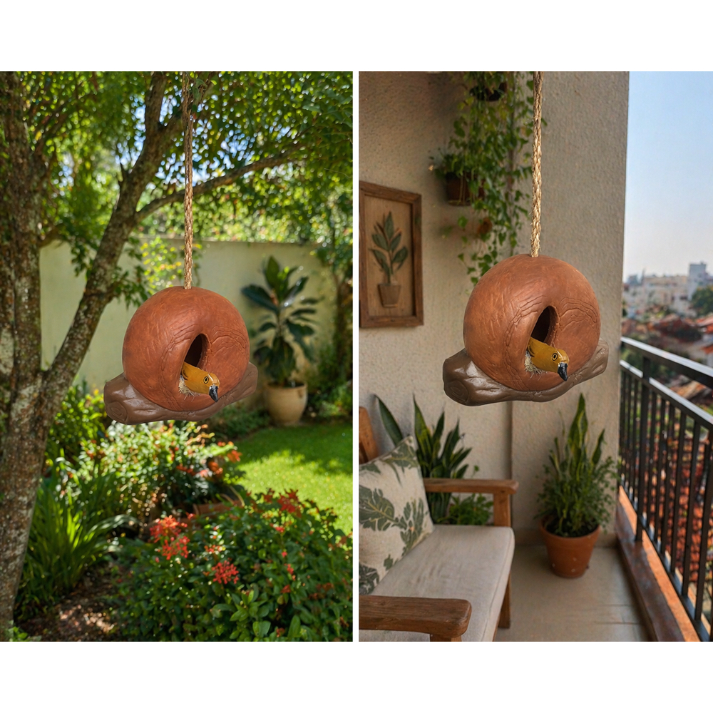 Casinha com pássaro João de barro em cerâmica decoração jardim quintal varanda