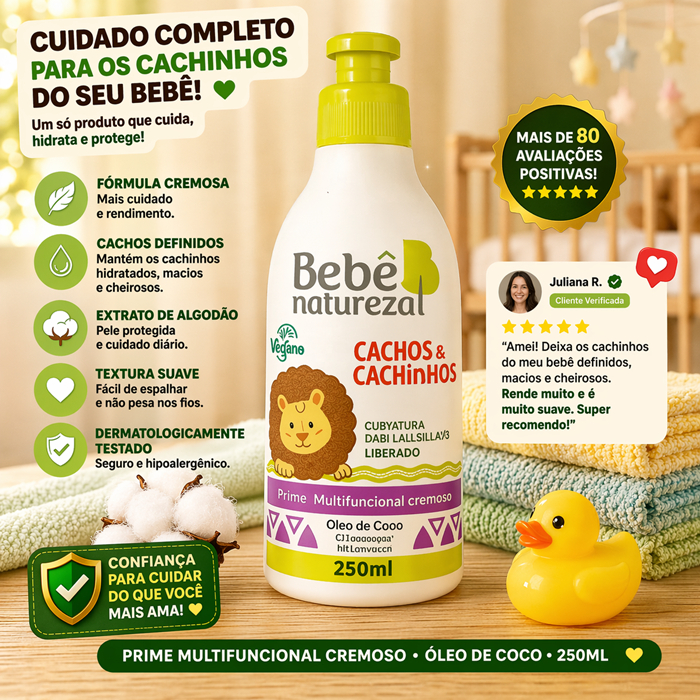 Creme Para Pantear Multifuncional Para Bebê Natureza Cachos e Cachinhos –  Kids 250ml | Óleo de Coco | Vegano