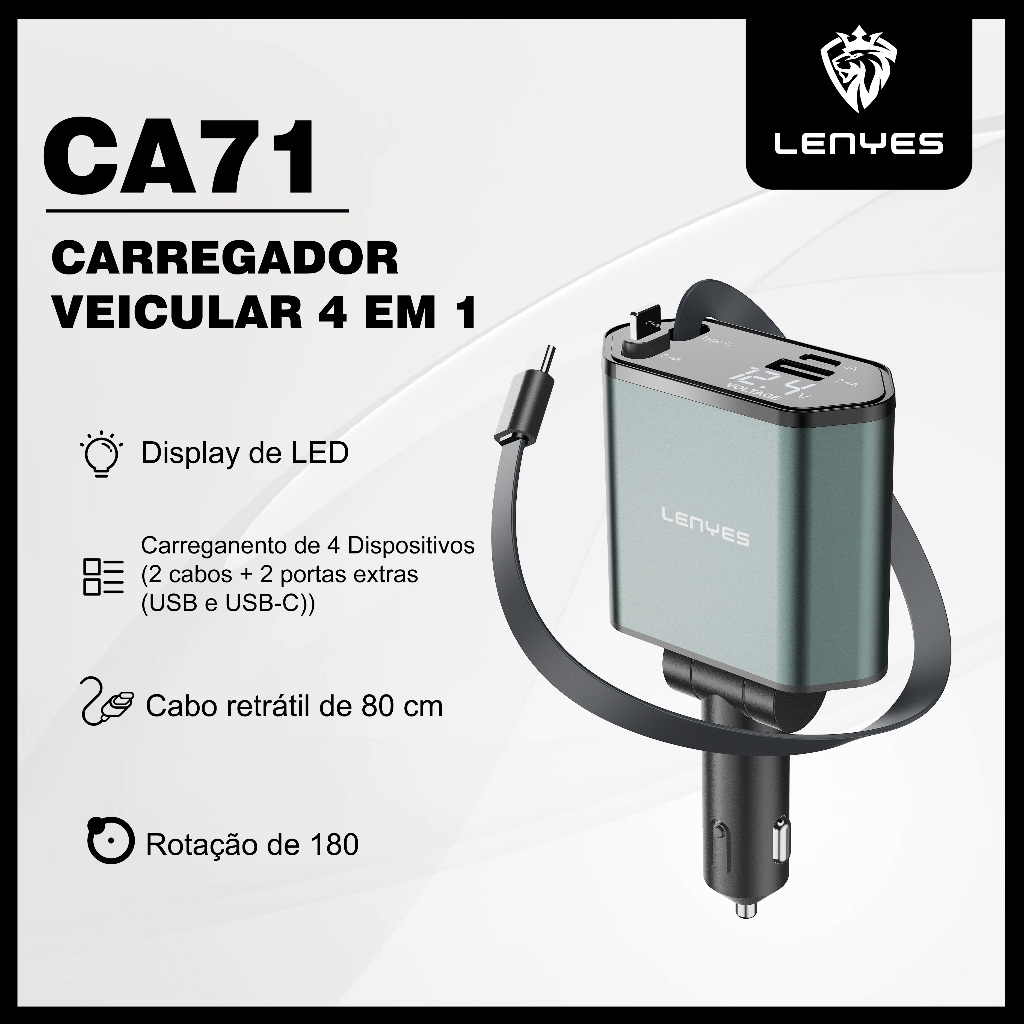 Carregador de Celular para Carro 4 em 1 com Cabos Retráteis e Tela LED LENYES