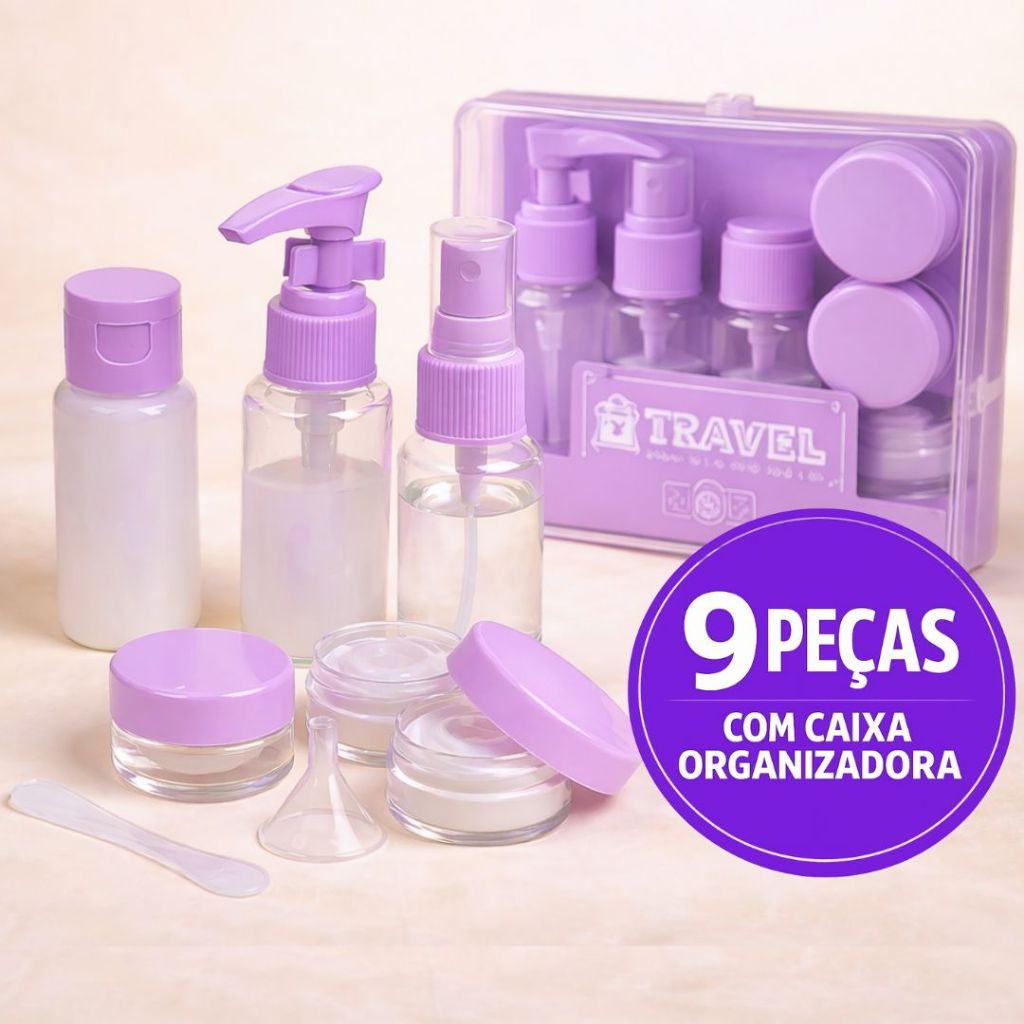 Imagem Kit De Frascos Para Viagem Creme Cosméticos 9 Pote Higiene Pessoal Vai Com Necessaire Organizador Transparente Portátil