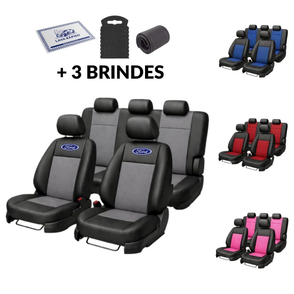Capa Banco Carro Couro Ecológico Colorido p/ Ford Ka Fiesta Focus Ecosport Escort Ranger Fusion Courier Luxo 5 Lugares