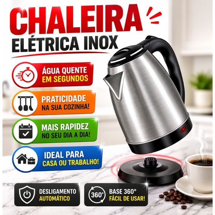 Chaleira Jarra Elétrica 1,8L  Em Inox Desligamento Automático Aquecimento Rápido Segura Café Chá Fácil