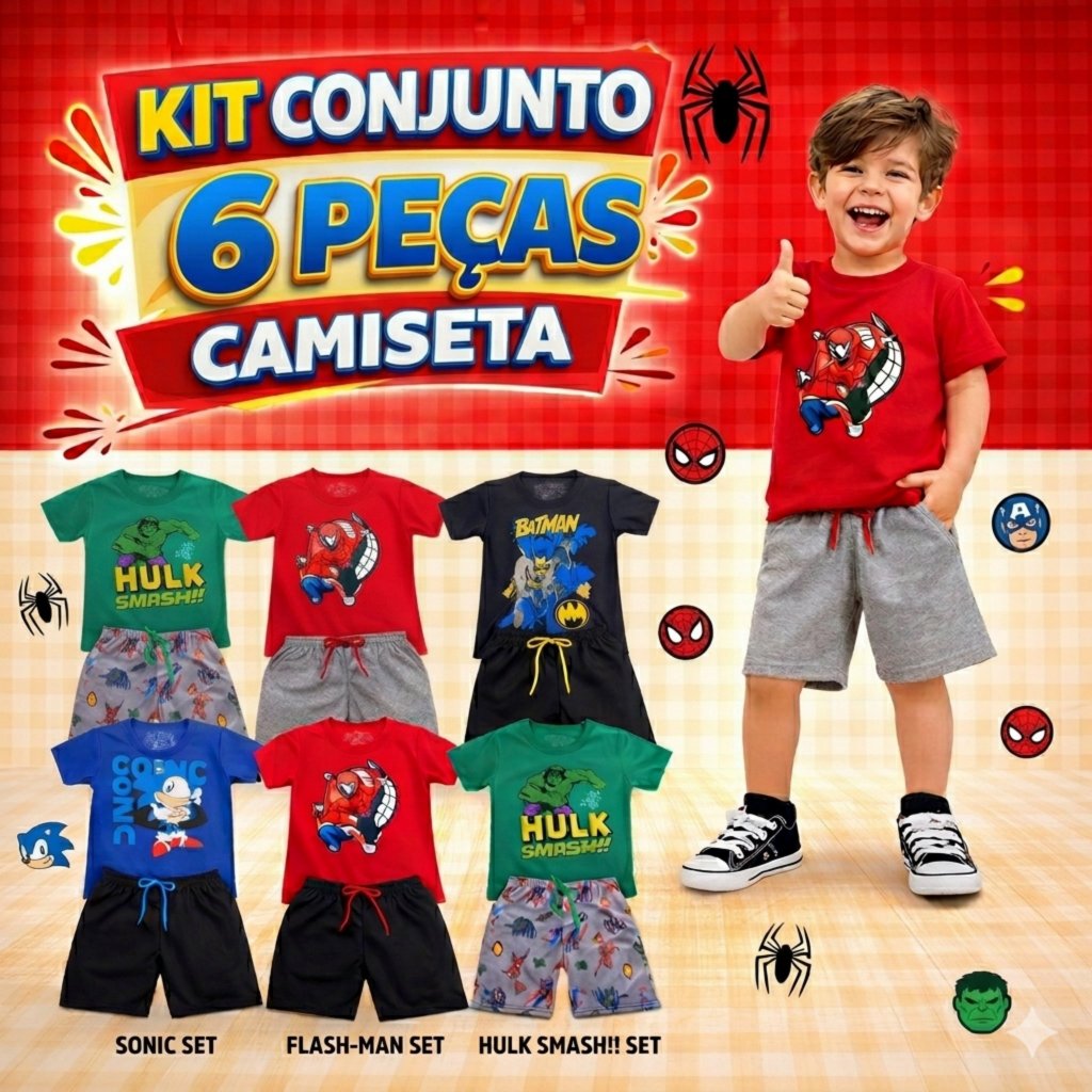 Kit Combo 6 Peças Conjunto Super Heróis Camiseta Infantil Menino
