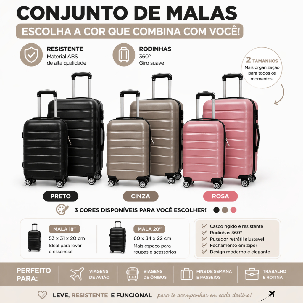 Conjunto 2 Malas de Viagem, mala bordo, mala de mão,  Rígidas com Rodinhas giratórias 360° Preta Rosa Cinza