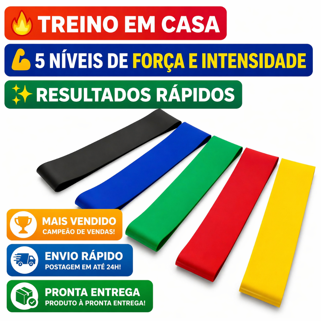 KIT 5 FAIXAS ELÁSTICAS ORIGINAL 🔥 Treino em Casa | Academia | Glúteo e Perna | 5 Níveis