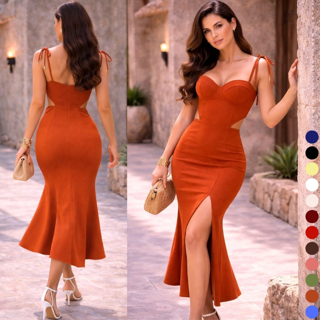 Vestido feminino alfaiataria Premium Mídi elegante com fenda em Oferta na Shopee