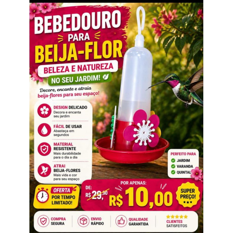 KIT com 1, 2, 3 ou 4 Bebedouro Beija Flor 100ml GRANDE Gancho Passaros Flores