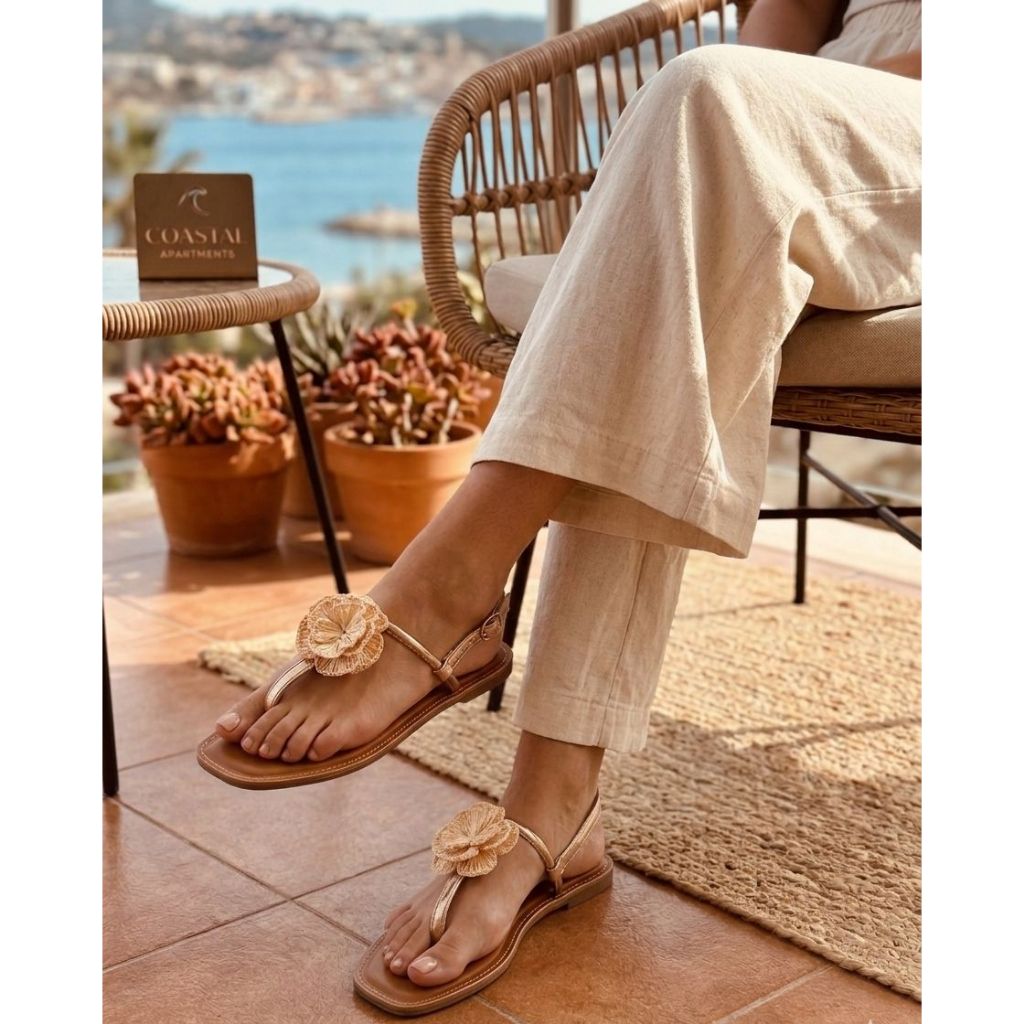 Sandália Feminina Rasteira Metalizada Flor Bordado Crochê Elegante Confortável Tendência