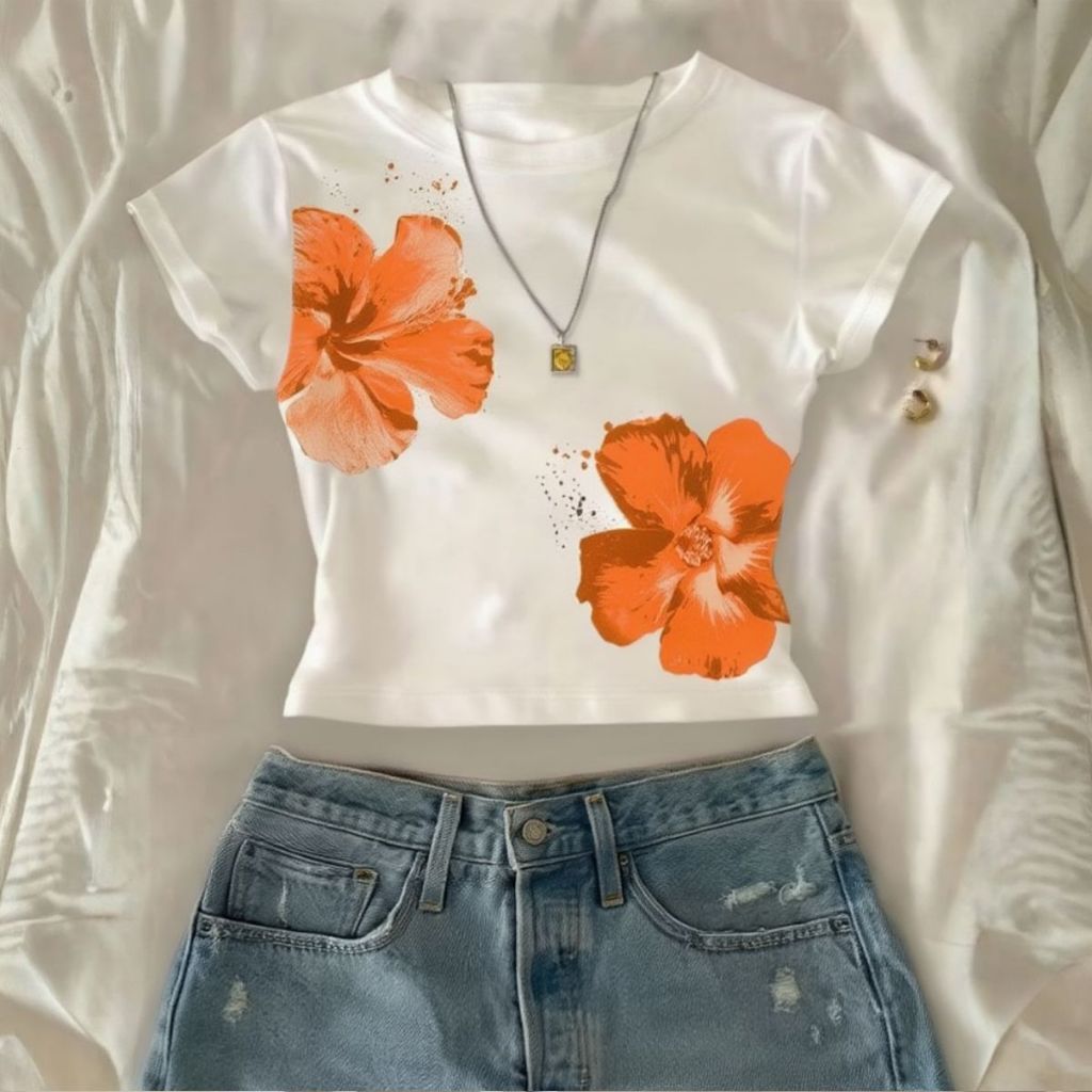 T-shirt De Verão Cropped Vintage Feminino Estampa Floral Summer Core Tecido Leve