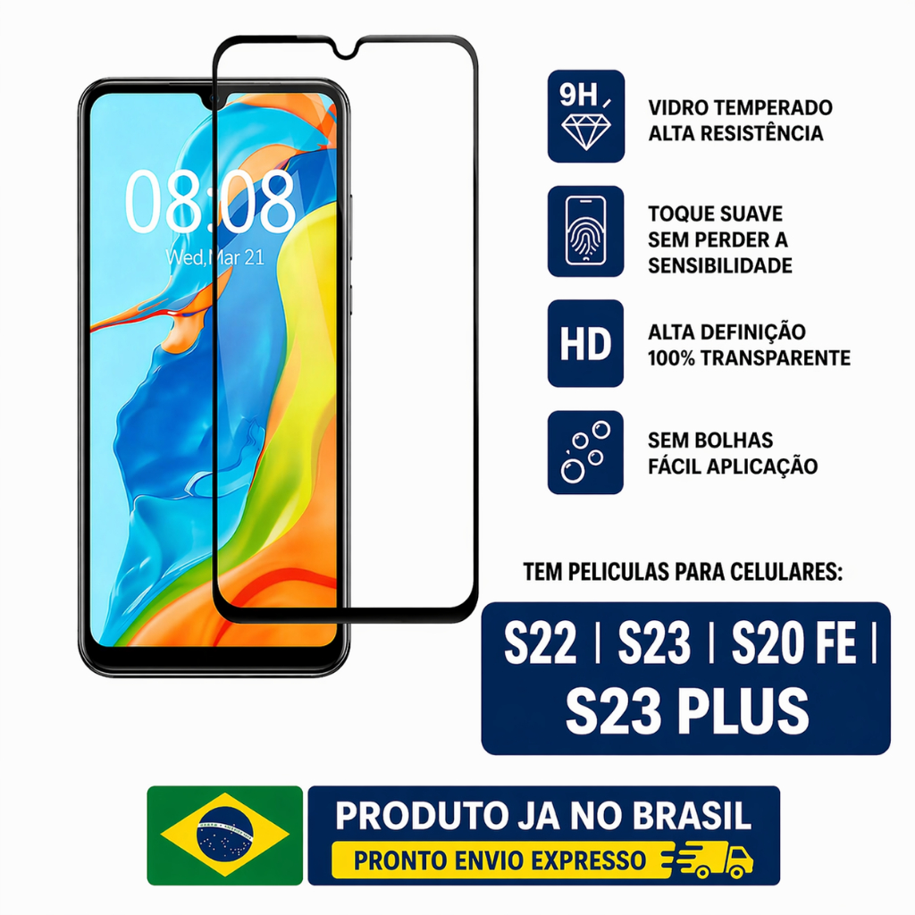 Película Vidro Temperado 9d 3d Para Samsung Galaxy S21 S23 s22 s21 plus s22 plus S20 FE S21 FE  Com Furo Digital  preta