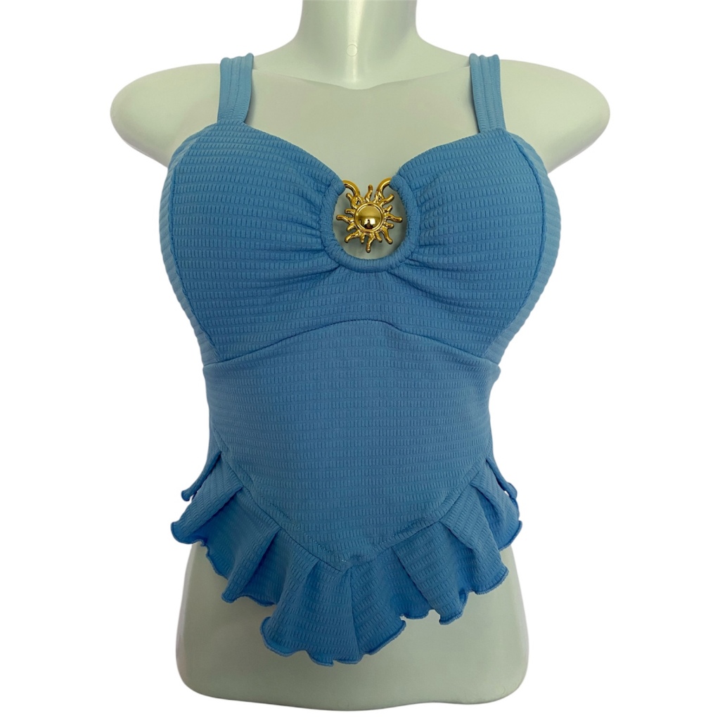 Blusa Cropped com Bojo e Fivela em Forma de Sol