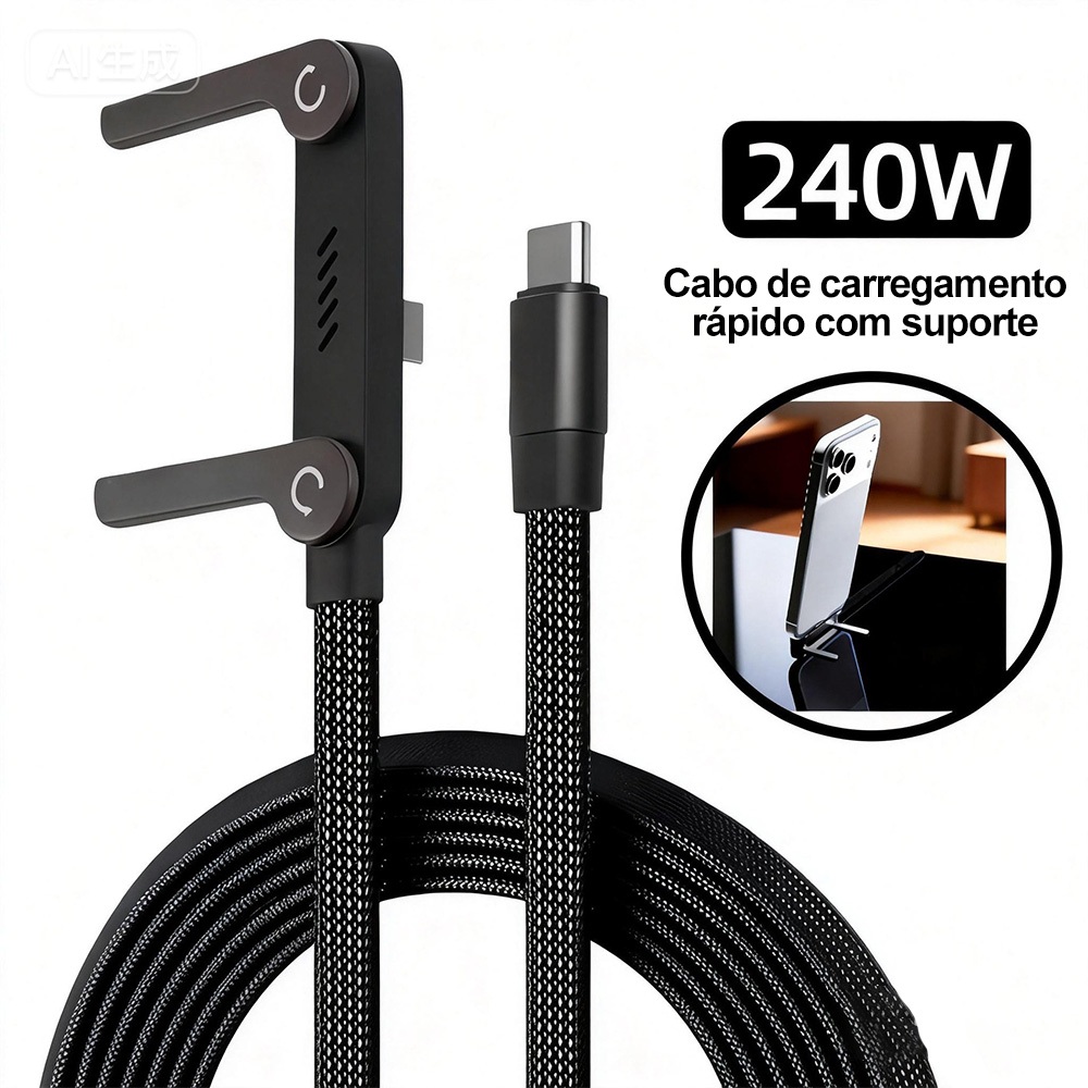 Cabo E Suporte Dobrável 2 Em 1 De Carga Rápida De 240 W Para Telefone Tablet Tipo C