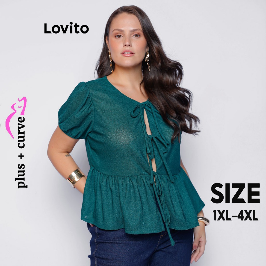 Lovito Blusa Feminina Plus Size com Amarrações Frontais BRBLB1038BRL1068