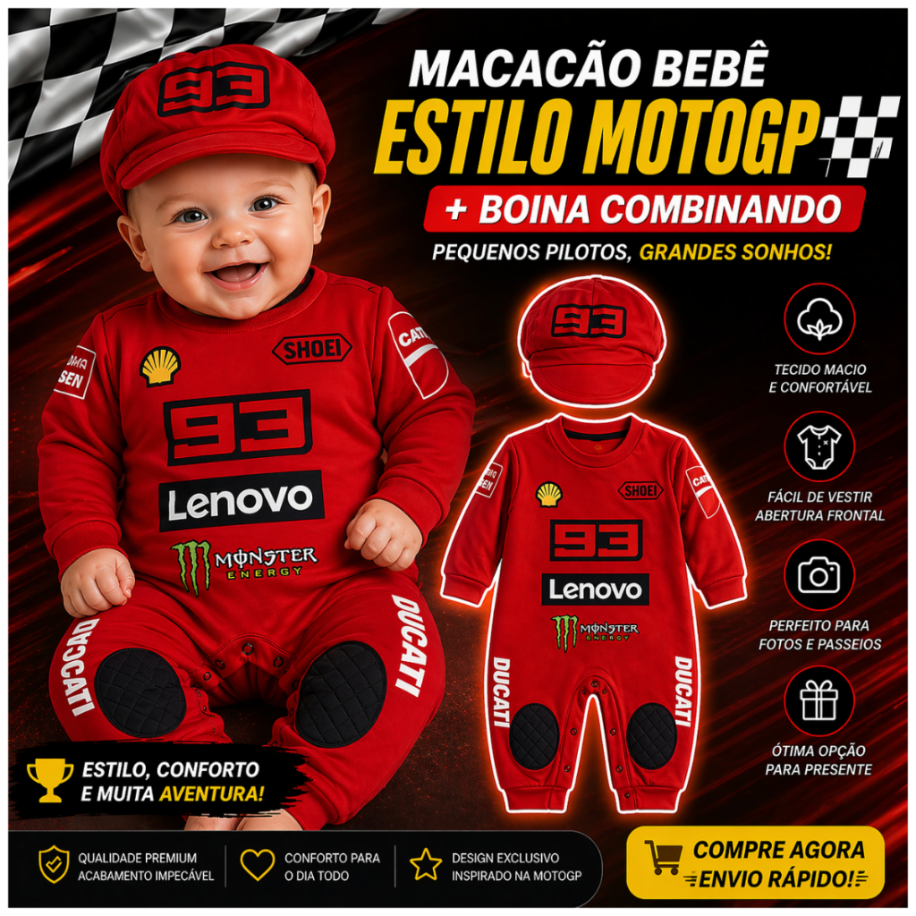 Macacão + Boina De Bebê MotoGP Corrida Piloto MARC MARQUEZ 93