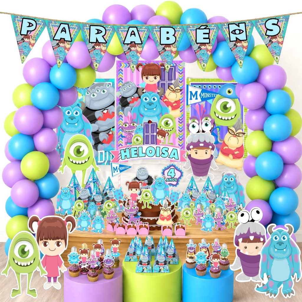Kit Festa Aniversário Personalizado Monstros SA Boo 78 itens - Decoração Infantil Lembrancinhas