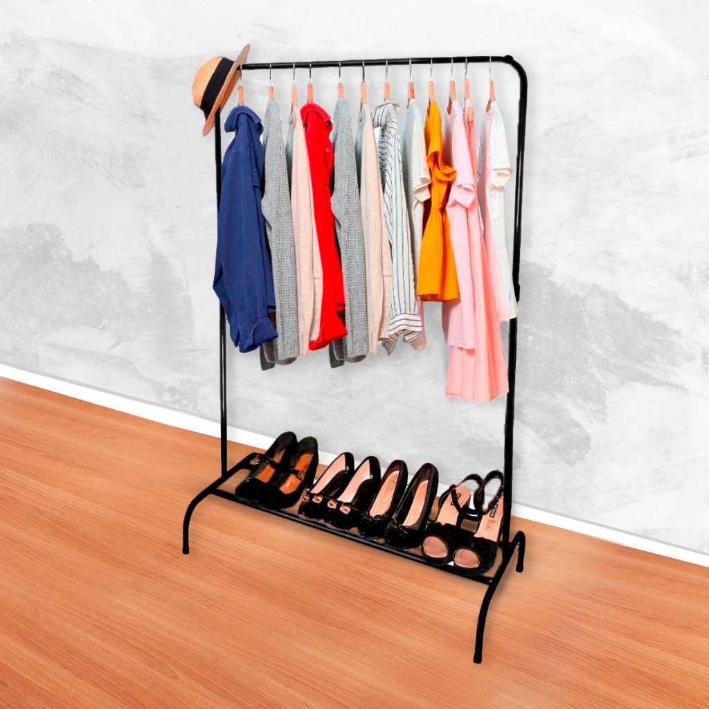 Organizador Arara De Roupa  Para Quarto Loja Closet Cabideiro Chão Mancebo Com Sapateira Mancebo