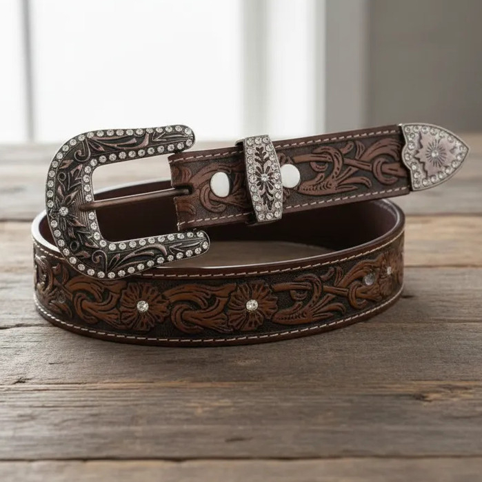 Cinto Country Feminino Fivela Premium Strass Couro Bovino Estilo Cowgirl Look Barretão