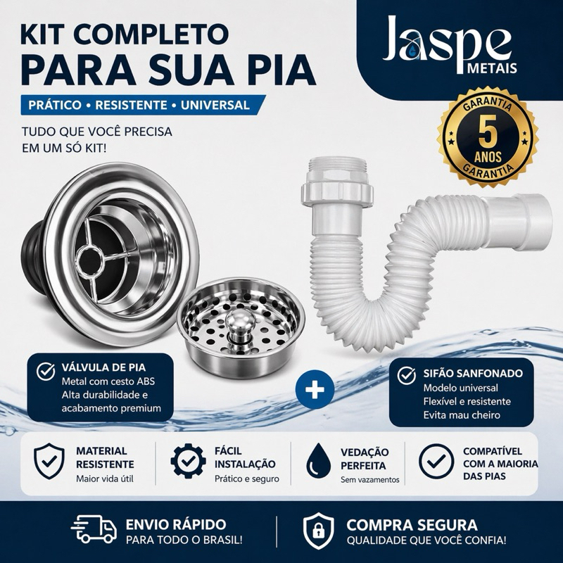 Kit Sifão Branco + Válvula Americana com Cesto Abs - Sifão Universal